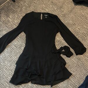 Elegant Black Long Sleeve belted chiffon  Dress